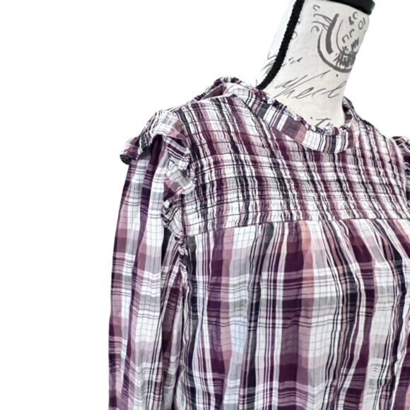 Ann Taylor LOFT Womens Button Up Shirt Blouse Medium Long Sleeve Plaid High Neck - Picture 4 of 14